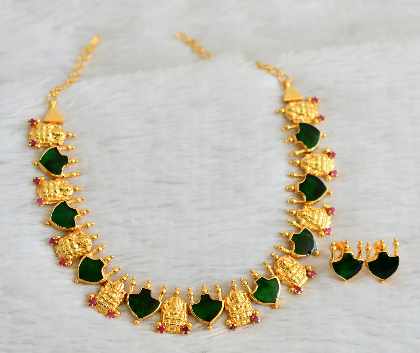 Gold look alike ruby-green palakka lakshmi necklace set dj-49110