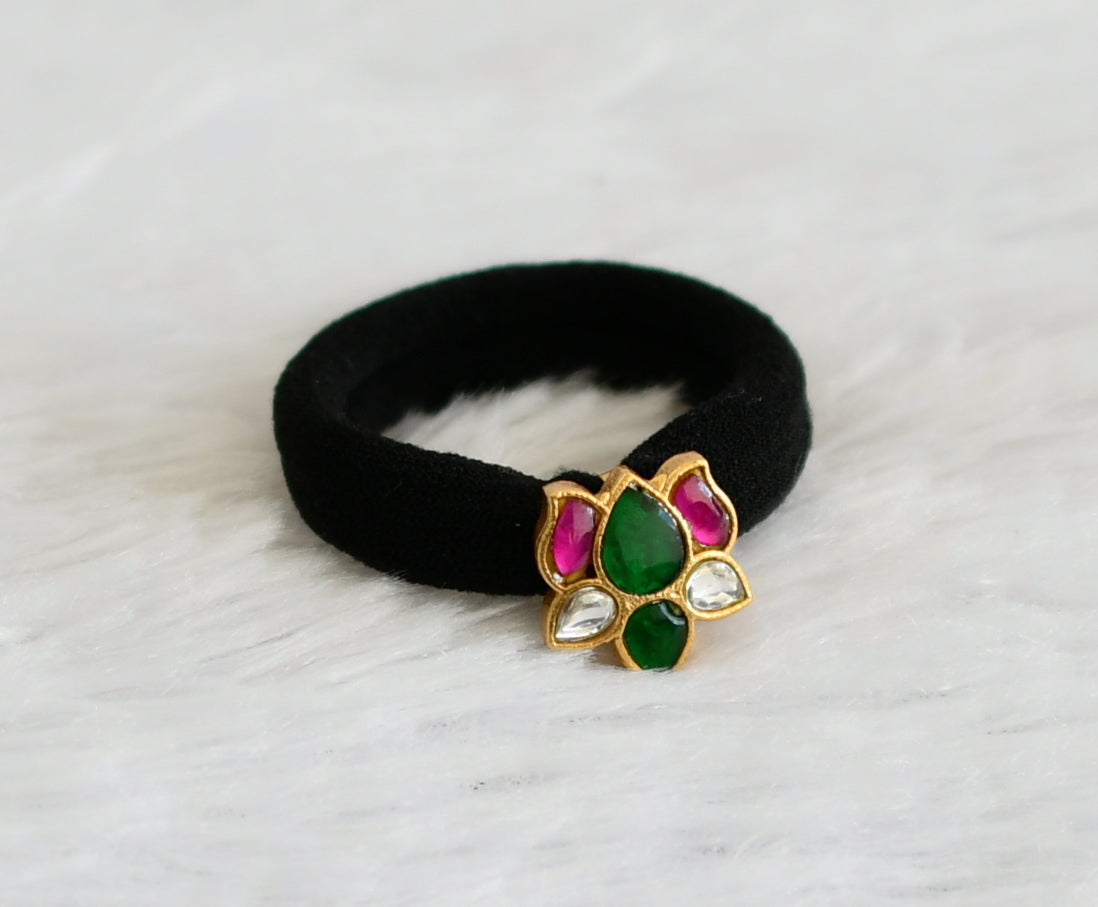 Matte finish pink-green-white kundan jadau lotus black hair band dj-47319