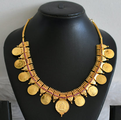 Gold look alike ad pink stone lakshmi coin necklace dj-49107