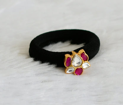 Matte finish pink-white kundan jadau lotus black hair band dj-47320