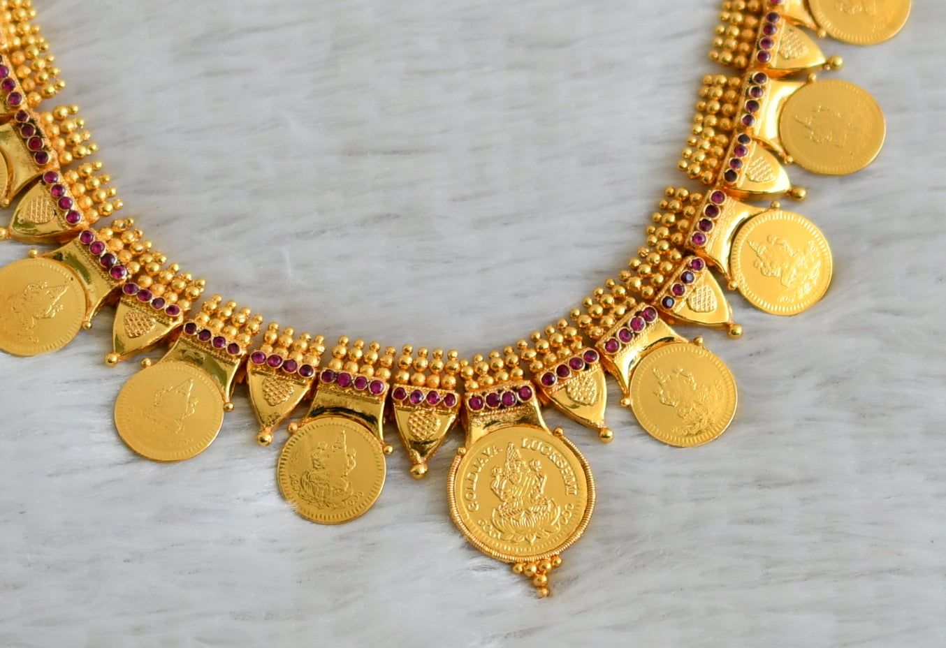 Gold look alike ad pink stone lakshmi coin necklace dj-49107