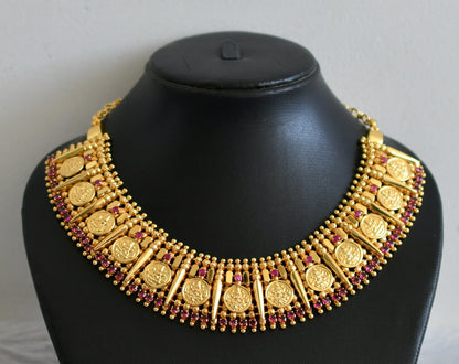 Gold tone kerala style pink stone lakshmi coin necklace dj-49108