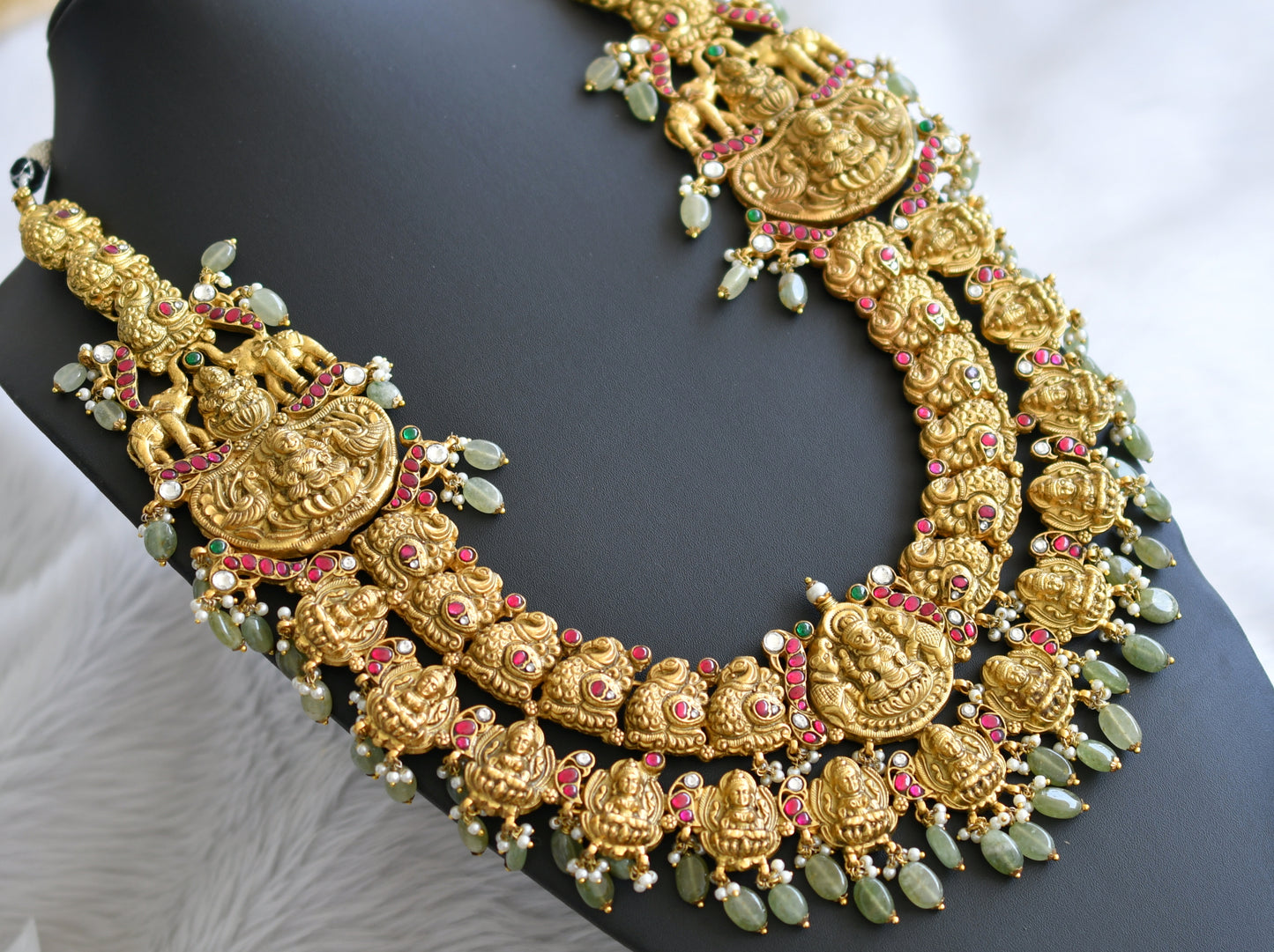 Antique gold look alike pink-green-white kundan jadau lakshmi peacock elephant haar dj-43913