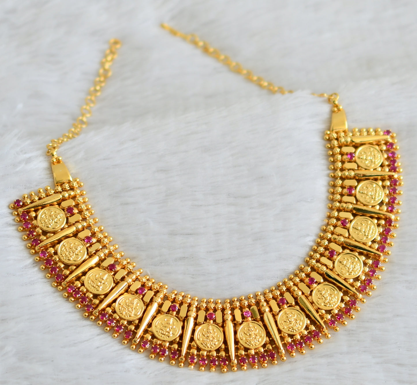 Gold tone kerala style pink stone lakshmi coin necklace dj-49108