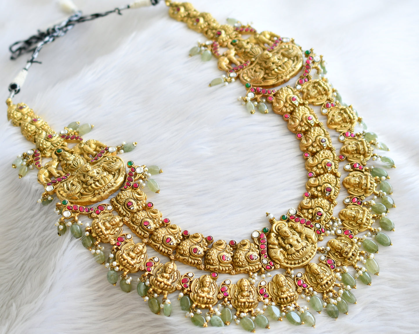 Antique gold look alike pink-green-white kundan jadau lakshmi peacock elephant haar dj-43913