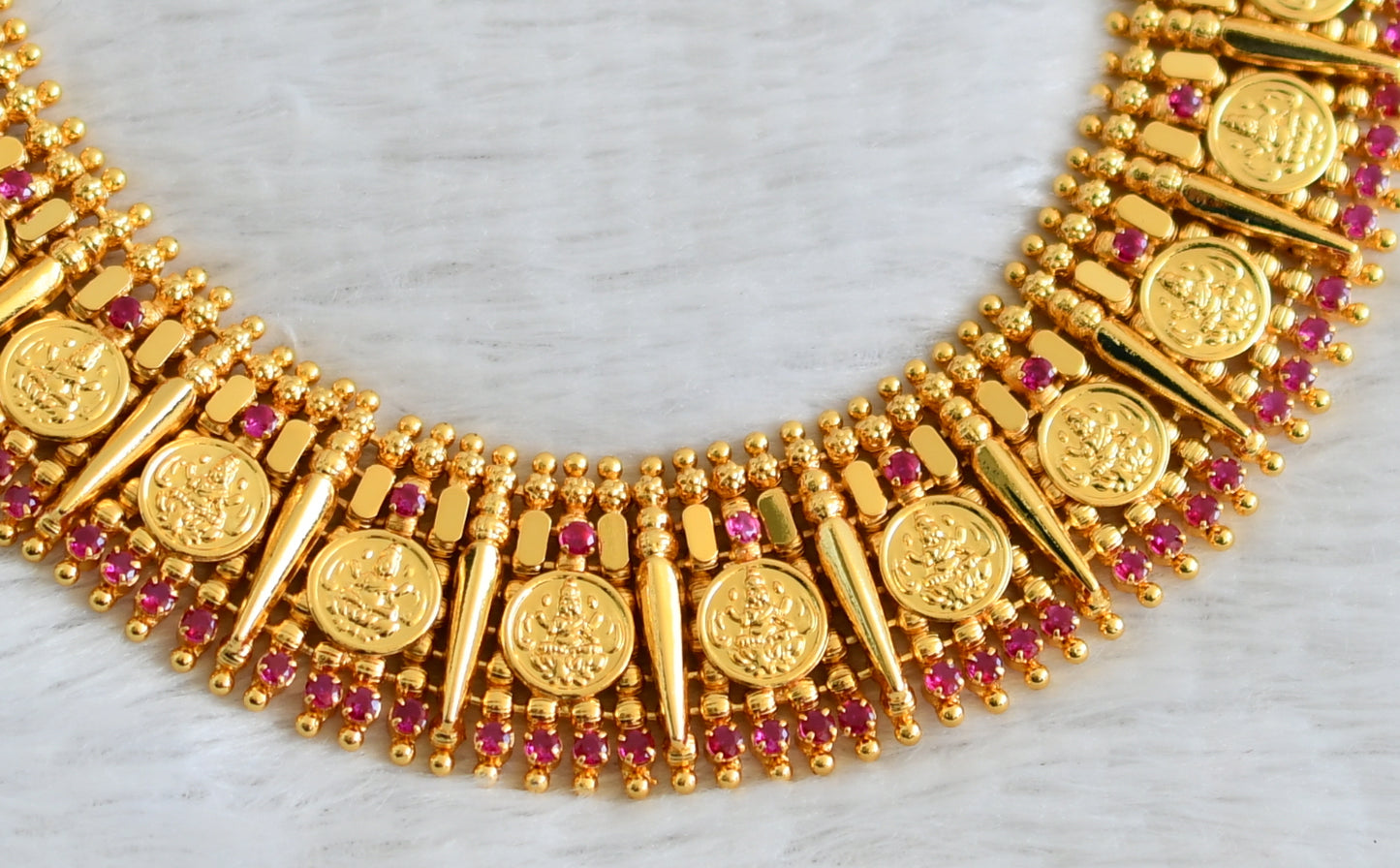 Gold tone kerala style pink stone lakshmi coin necklace dj-49108