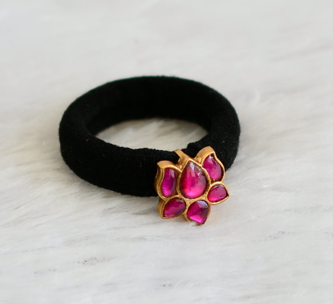 Matte finish pink kundan jadau lotus black hair band dj-47321