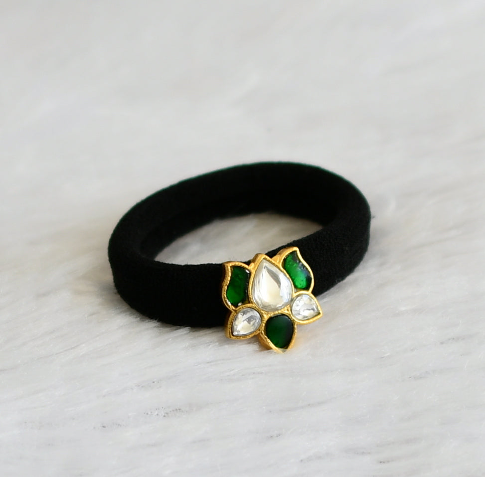 Matte finish green-white kundan jadau lotus black hair band dj-47318