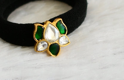 Matte finish green-white kundan jadau lotus black hair band dj-47318