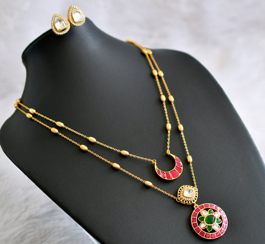 Gold tone pink-green-white double layer kundan jadau flower necklace set dj-47309