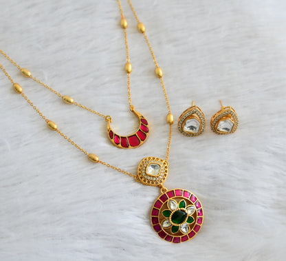 Gold tone pink-green-white double layer kundan jadau flower necklace set dj-47309