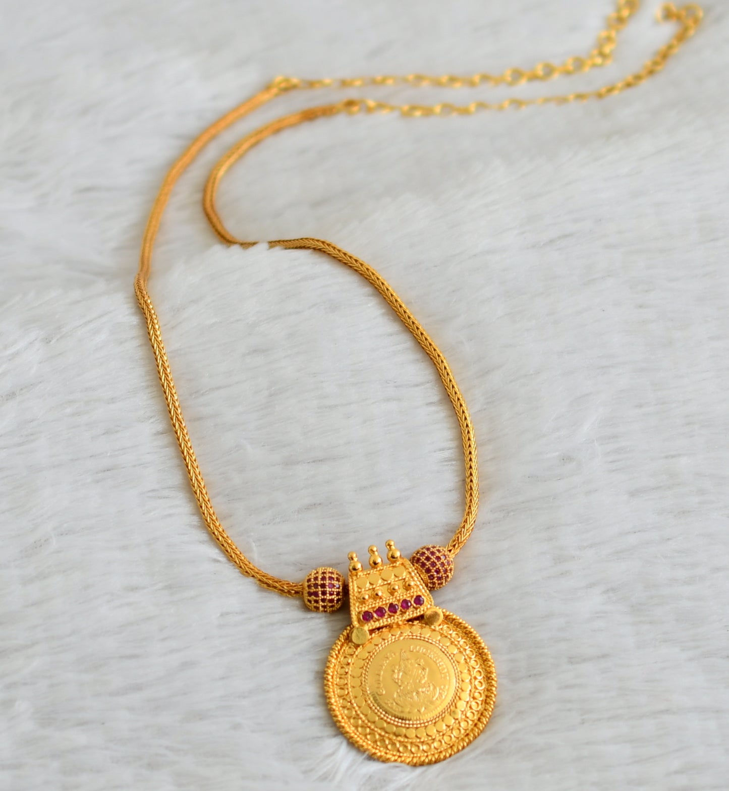 Gold tone ruby stone ball lakshmi round pendant chain dj-49104