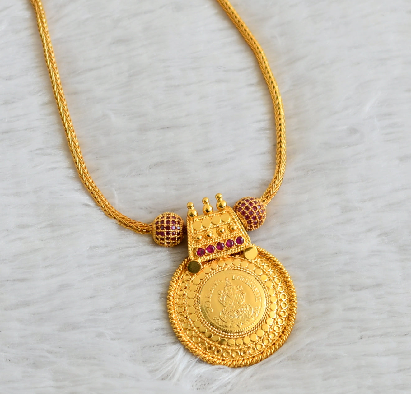 Gold tone ruby stone ball lakshmi round pendant chain dj-49104