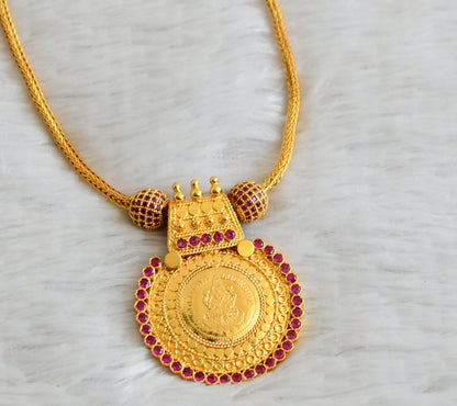 Gold tone pink stone lakshmi round pendant chain dj-49105