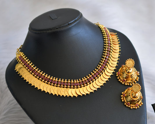 Gold tone ruby laakshmi coin necklace set dj-45607