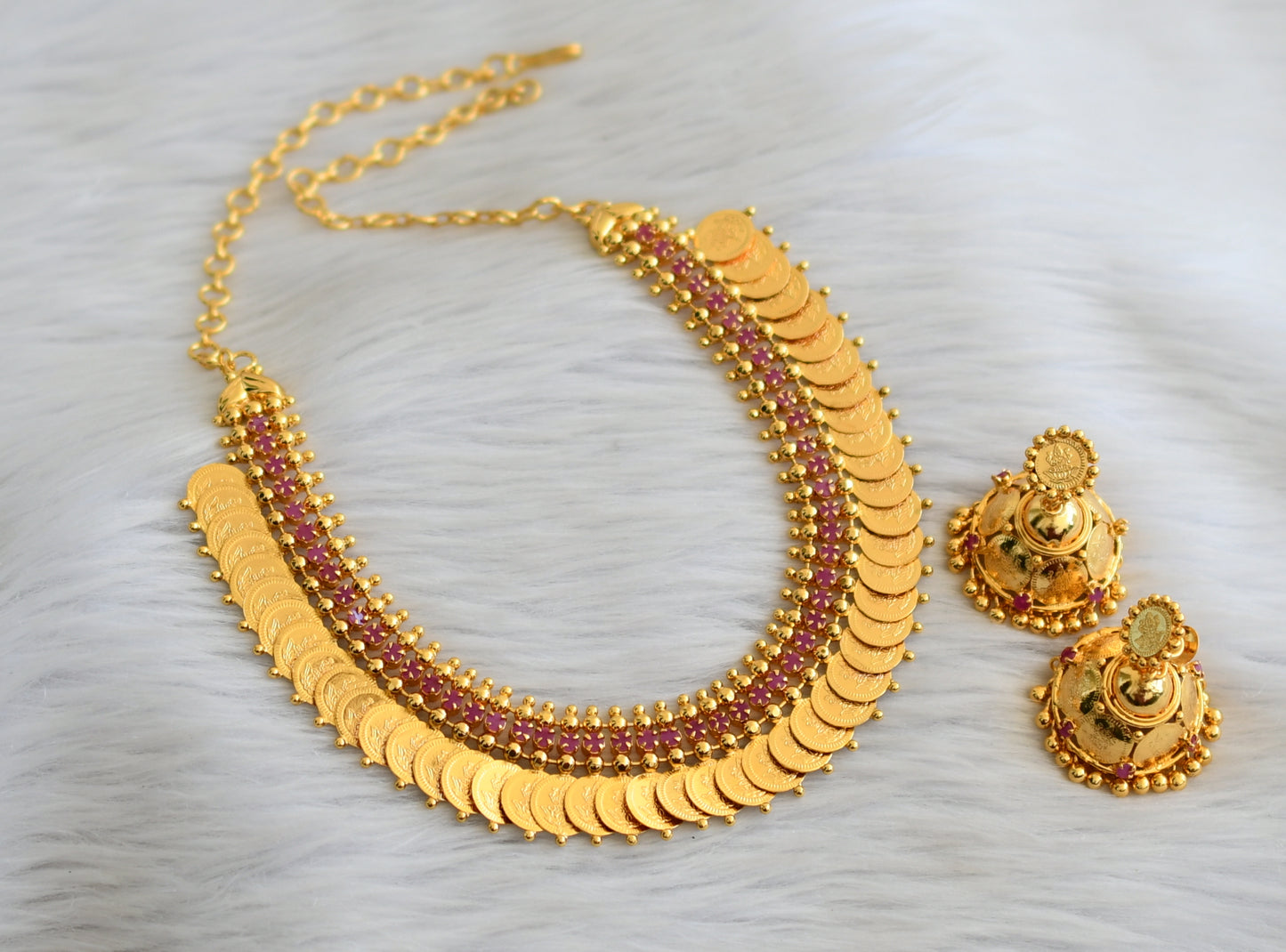 Gold tone ruby laakshmi coin necklace set dj-45607