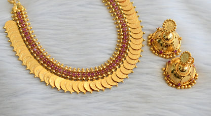 Gold tone ruby laakshmi coin necklace set dj-45607