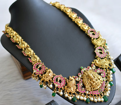 Antique gold look alike pink-green-white kundan jadau lakshmi peacock haar dj-43911