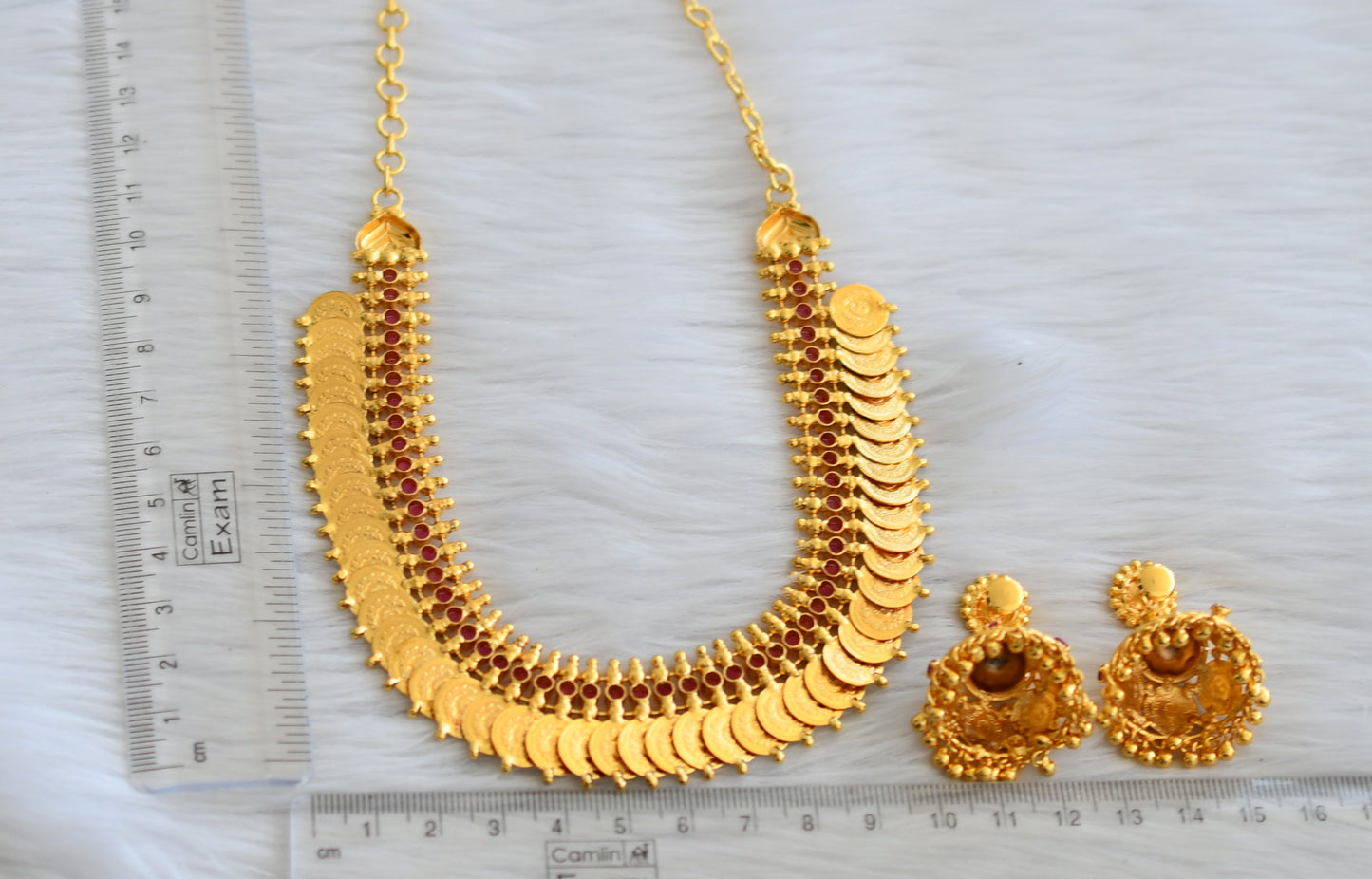 Gold tone ruby laakshmi coin necklace set dj-45607