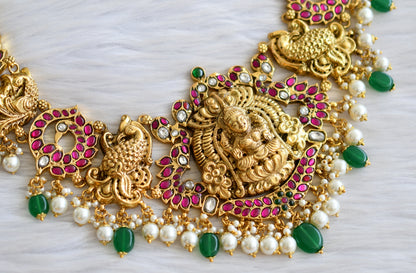 Antique gold look alike pink-green-white kundan jadau lakshmi peacock haar dj-43911