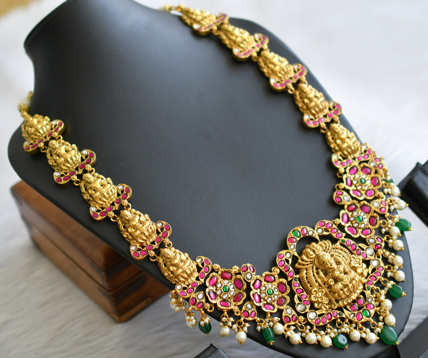 Antique gold look alike pink-green-white kundan jadau lakshmi flower haar dj-43910