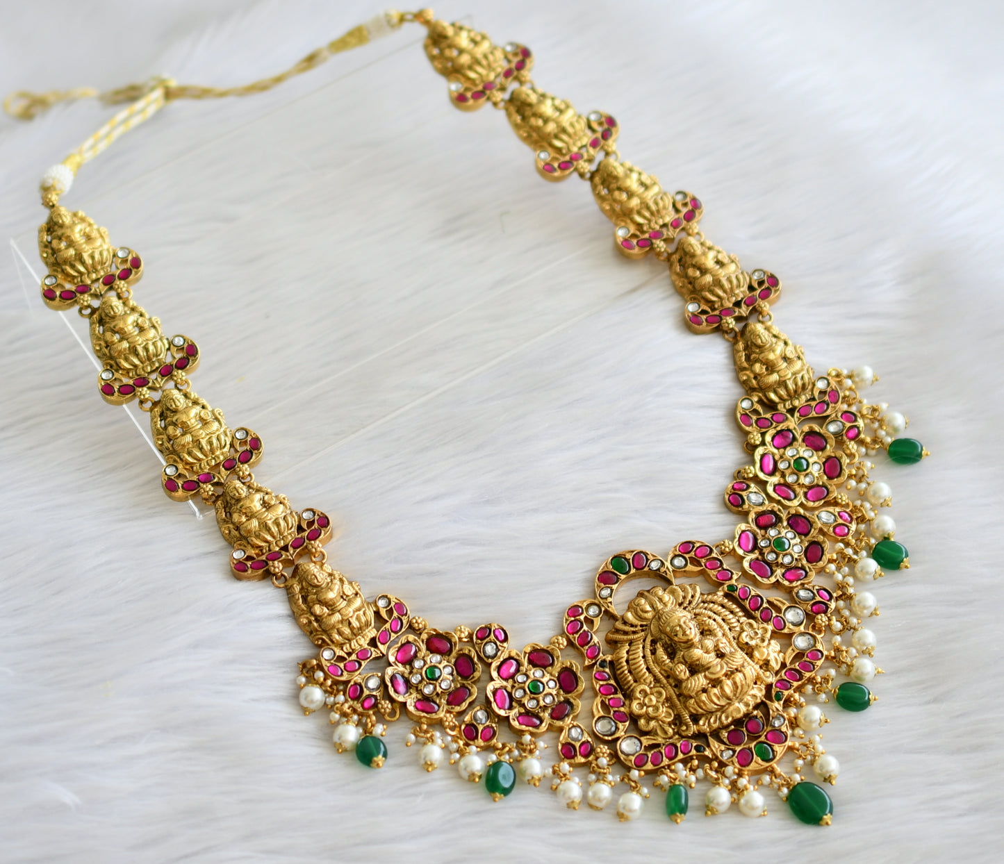 Antique gold look alike pink-green-white kundan jadau lakshmi flower haar dj-43910