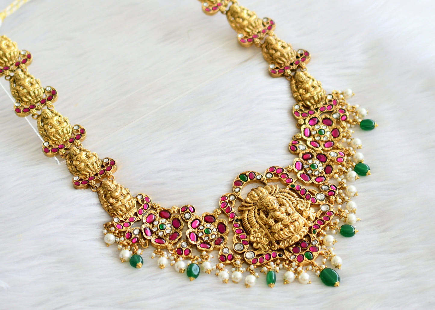 Antique gold look alike pink-green-white kundan jadau lakshmi flower haar dj-43910