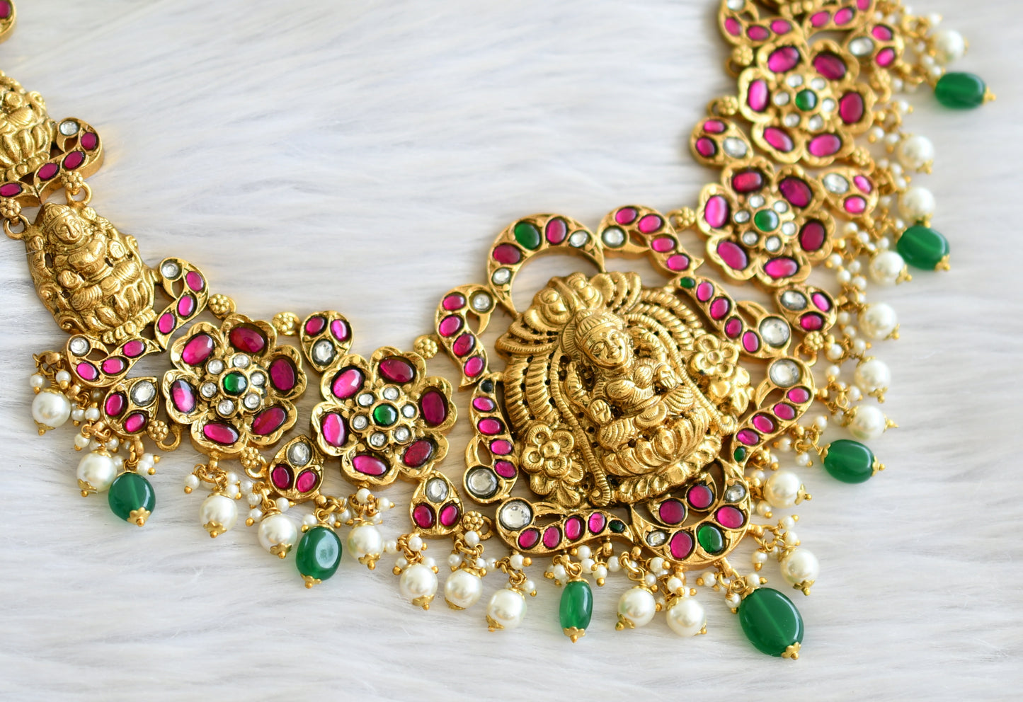 Antique gold look alike pink-green-white kundan jadau lakshmi flower haar dj-43910