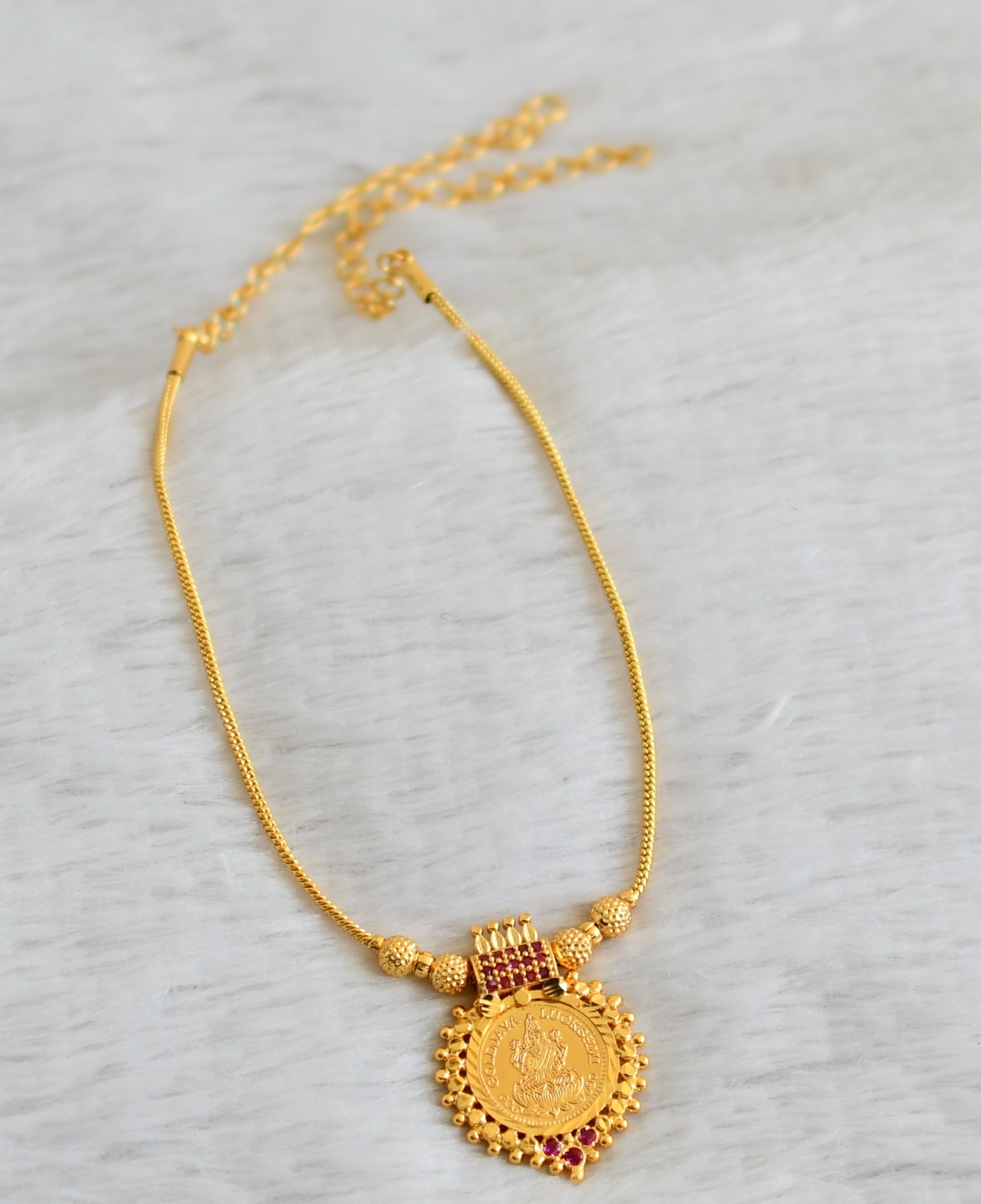 Gold tone ruby stone lakshmi round kodi necklace dj-49115