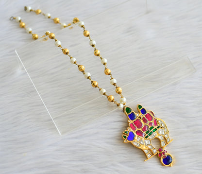 Gold tone pink-green-white-blue kundan jadau uma maheshwar necklace dj-43924