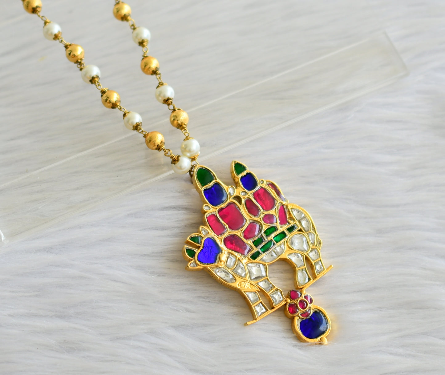 Gold tone pink-green-white-blue kundan jadau uma maheshwar necklace dj-43924