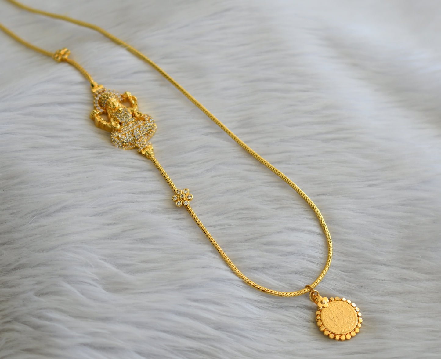 Gold tone cz white lakshmi 24 inches mugappu chain with lakshmi coin pendant dj-45617
