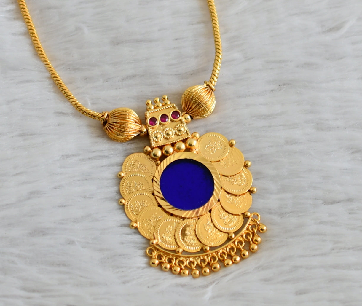 Gold tone kerala style pink-blue lakshmi coin round necklace dj-49100