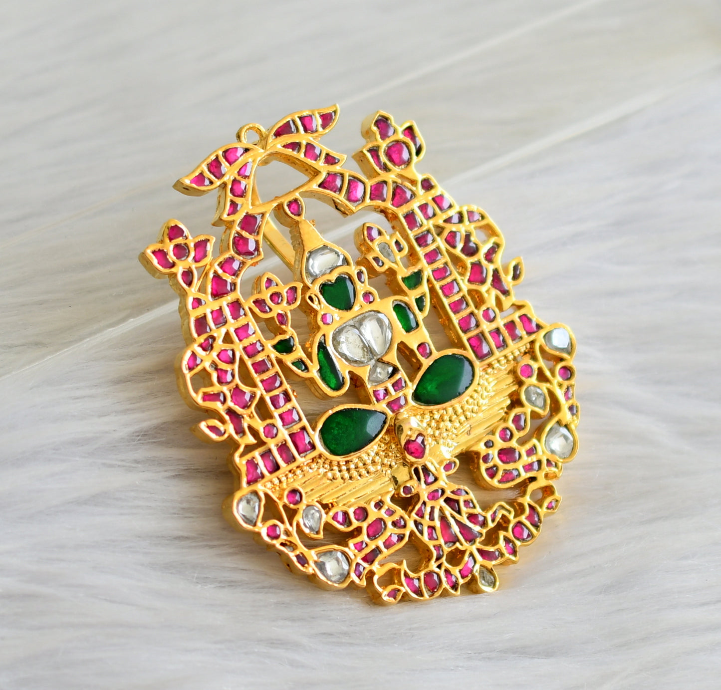 Gold tone pink-green-white kundan jadau lakshmi pendant dj-43916