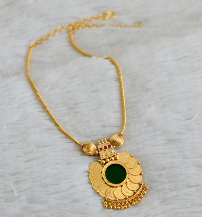 Gold tone kerala style pink-green lakshmi coin round necklace dj-49099