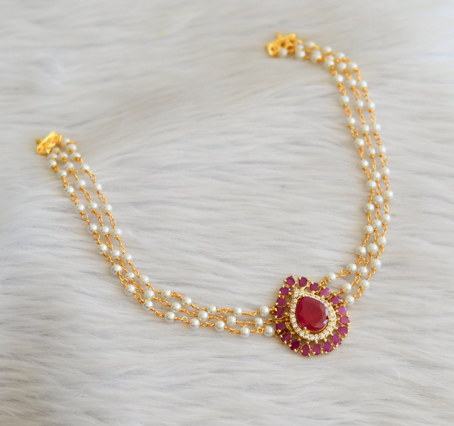 Gold tone cz ruby-white pearl choker necklace dj-45613