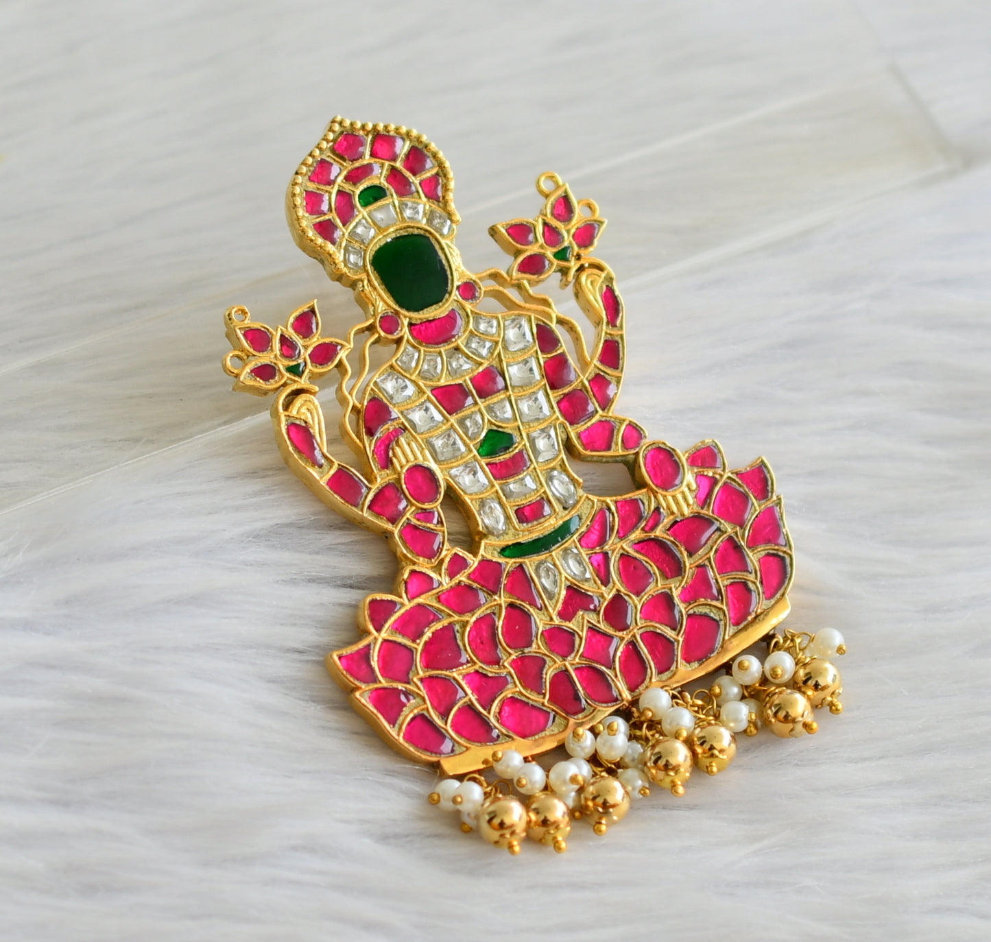 Gold tone pink-green-white kundan jadau maha  lakshmi pendant dj-43915