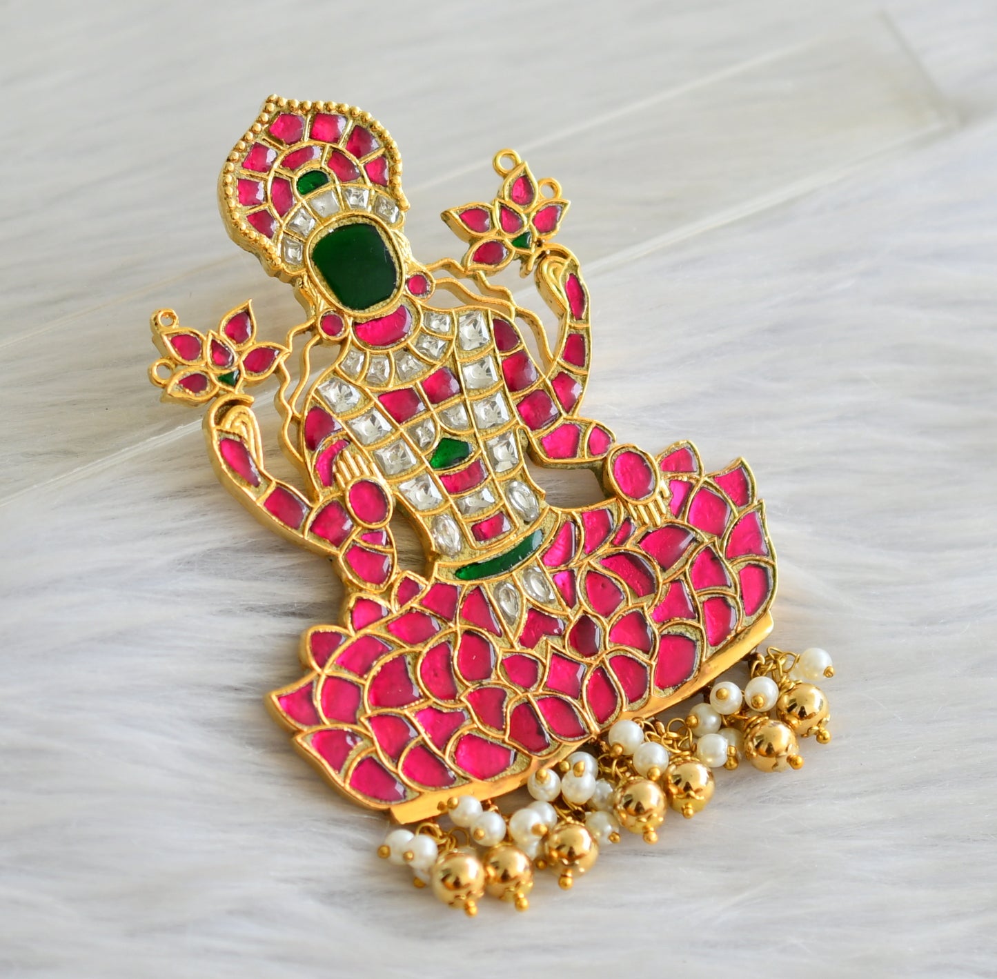 Gold tone pink-green-white kundan jadau maha  lakshmi pendant dj-43915