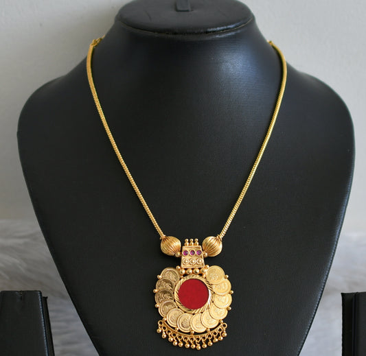 Gold tone kerala style pink-red lakshmi coin round necklace dj-49101