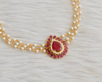 Gold tone cz ruby-white pearl choker necklace dj-45613