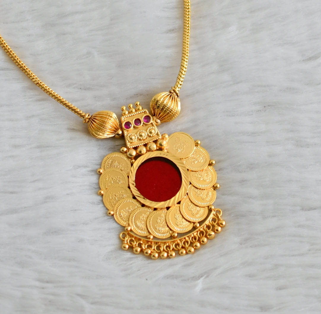 Gold tone kerala style pink-red lakshmi coin round necklace dj-49101