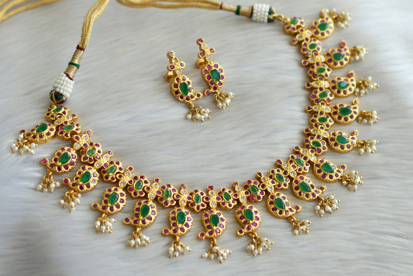 Matte finish ruby-emerald mango necklace set dj-09111