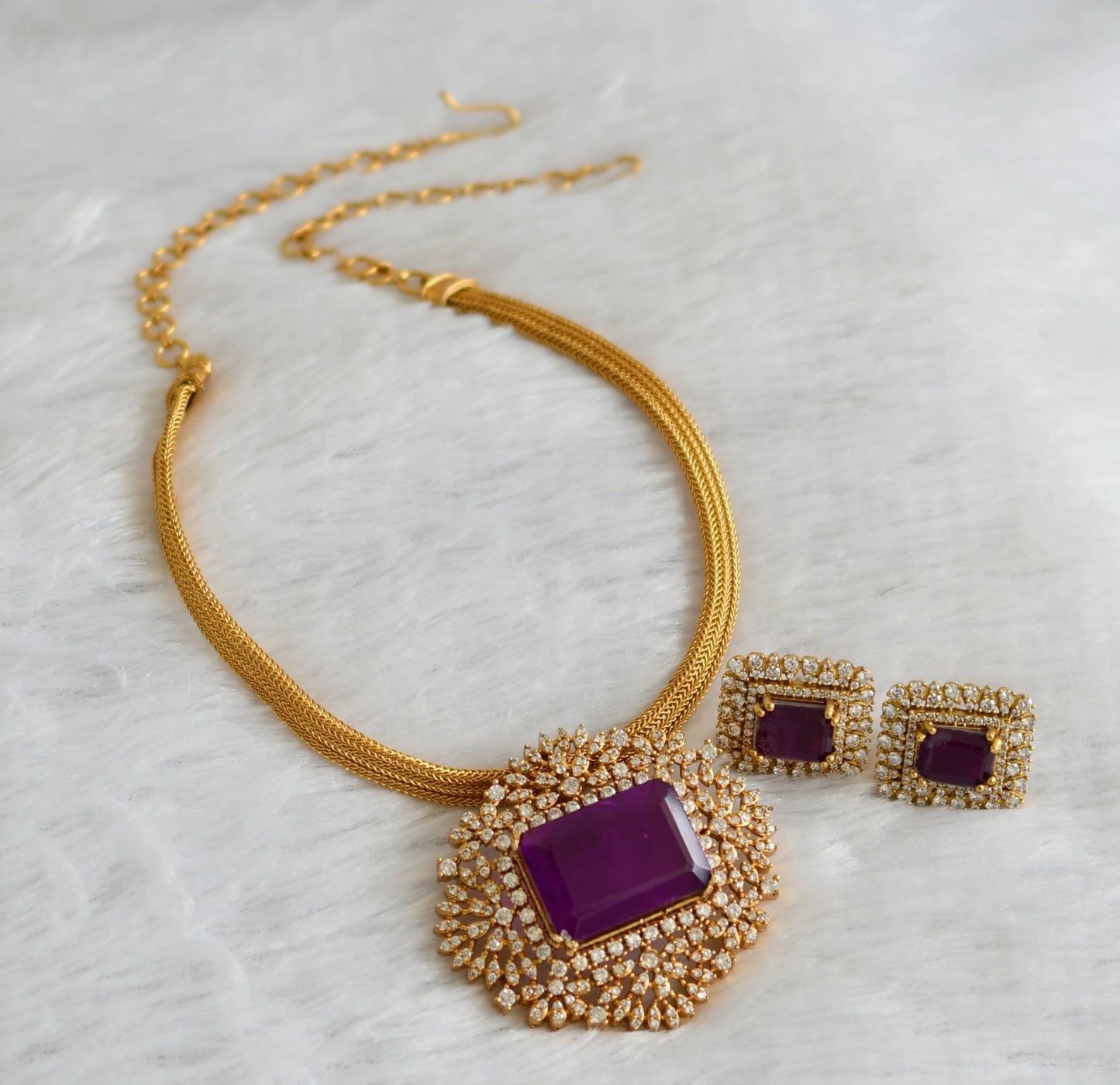 Matte finish purple-white block stone necklace set dj-47339