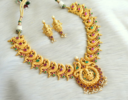 Matte finish ruby-emerald lakshmi-peacock necklace set dj-13298