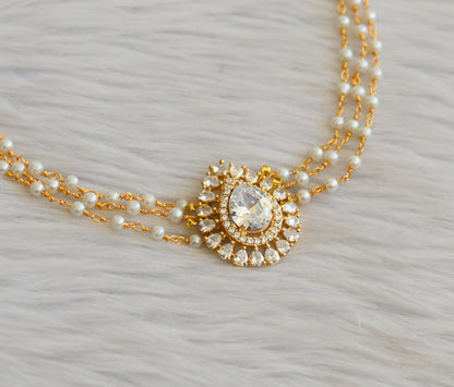 Gold tone cz white pearl choker necklace dj-45614