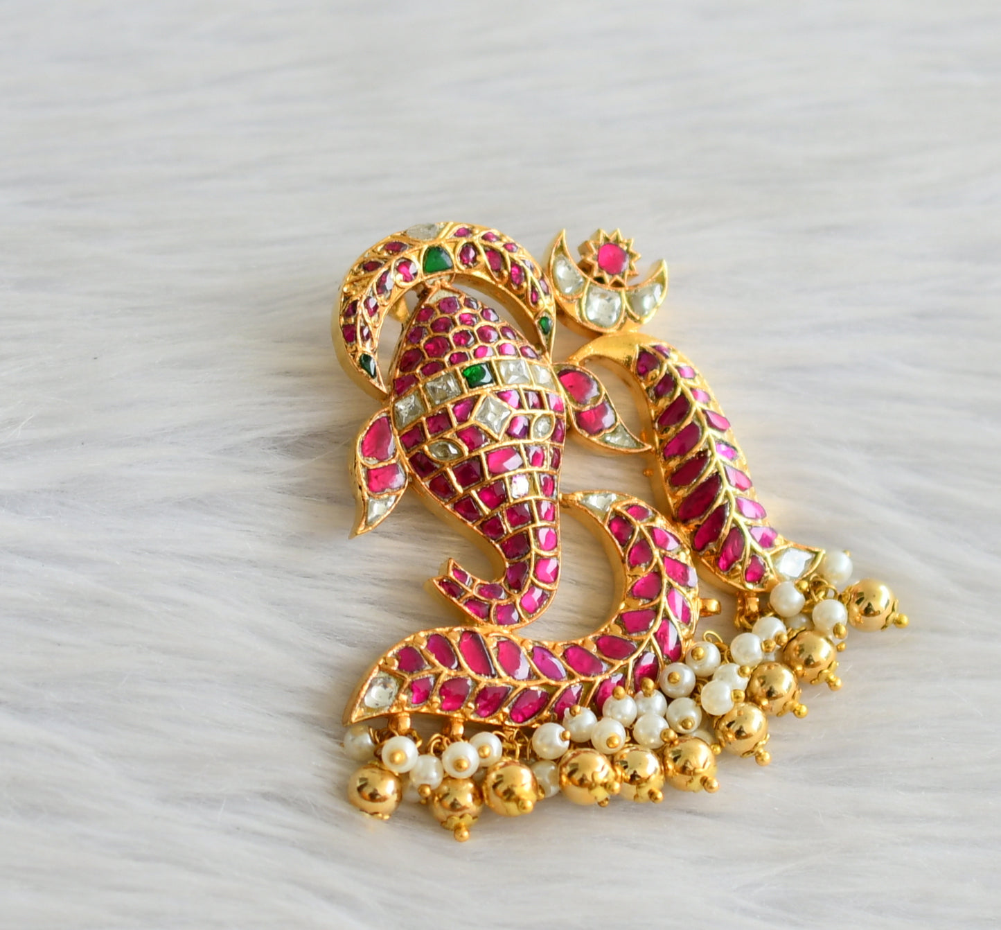 Gold tone pink-green-white Om-ganesha Jadau pendant dj-43919