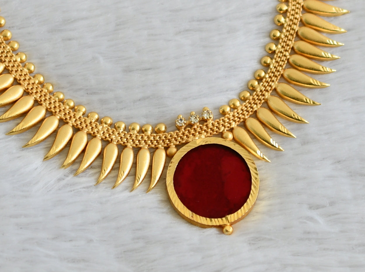 Gold tone kerala style red round mulla mottu necklace dj-49113