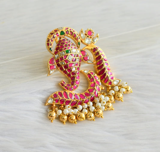 Gold tone pink-green-white Om-ganesha Jadau pendant dj-43919