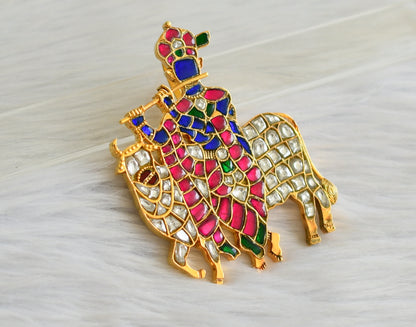 Gold tone pink-green-white-blue kundan jadau sree krishna pendant dj-43917