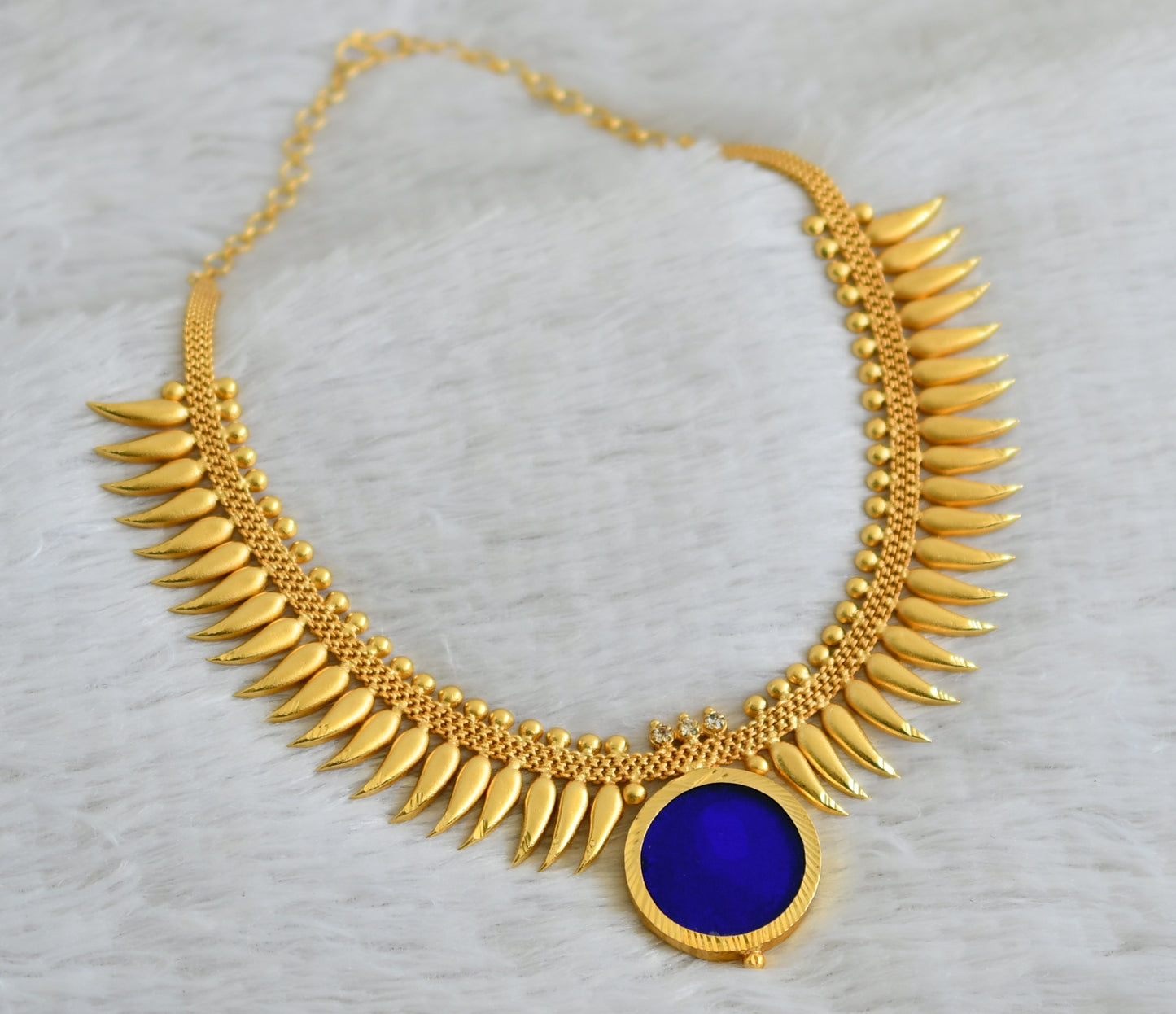 Gold tone kerala style blue round mulla mottu necklace dj-49114